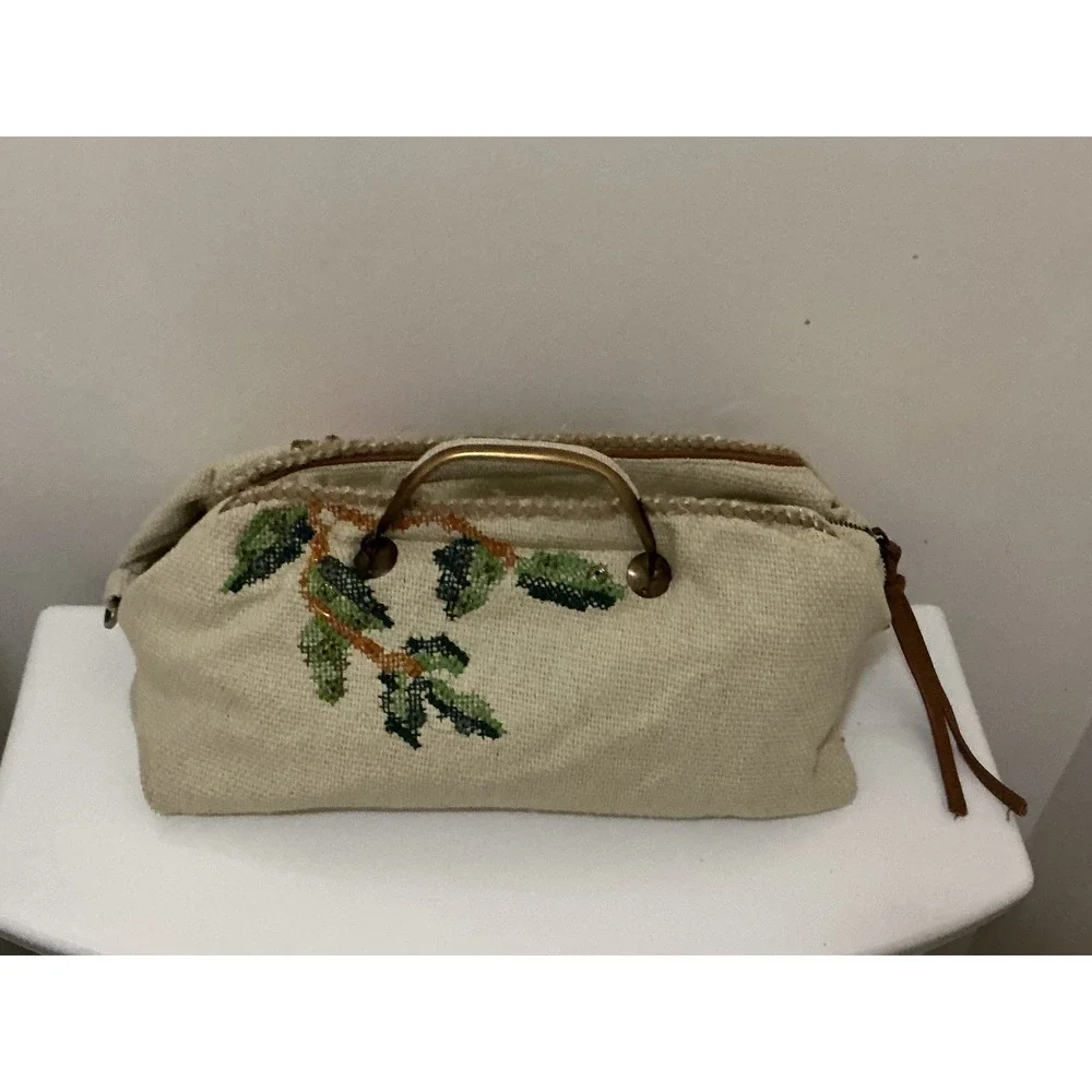 Miss Albright Anthropologie Bird Needlepoint Canvas Satchel Bag‎ Cream Floral